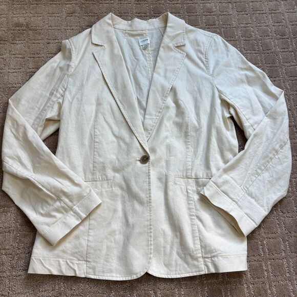 J. Crew Linen Blazer Jacket Women's 14 Cream Off White Cotton Preppy Lightweight - Picture 1 of 7